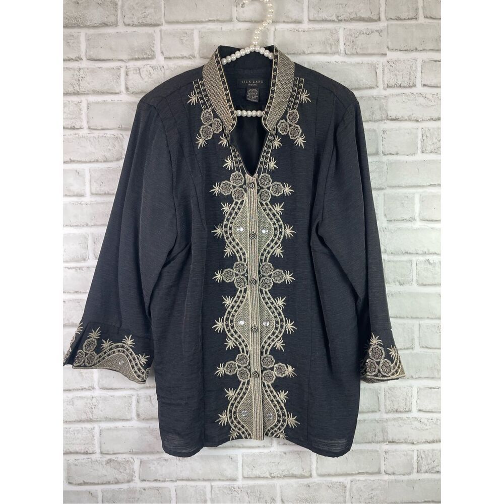 Vintage Silkland Jacket Womens 1X Black Embroidered Floral Woven Grannycore Boho